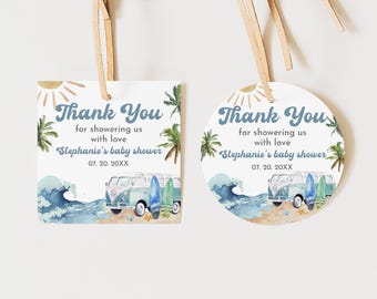 May include: Two baby shower gift tags with a beach theme. One is square, the other round. Both feature a vintage van, surfboards, waves, and palm trees. The text reads "Thank You" and "Stephanie's baby shower".