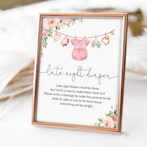 Late Night Diapers Sign Girl Baby Clothes Baby shower Laundry Pink Floral Boho baby Activity Game Sign Editable Printable Download Bab215