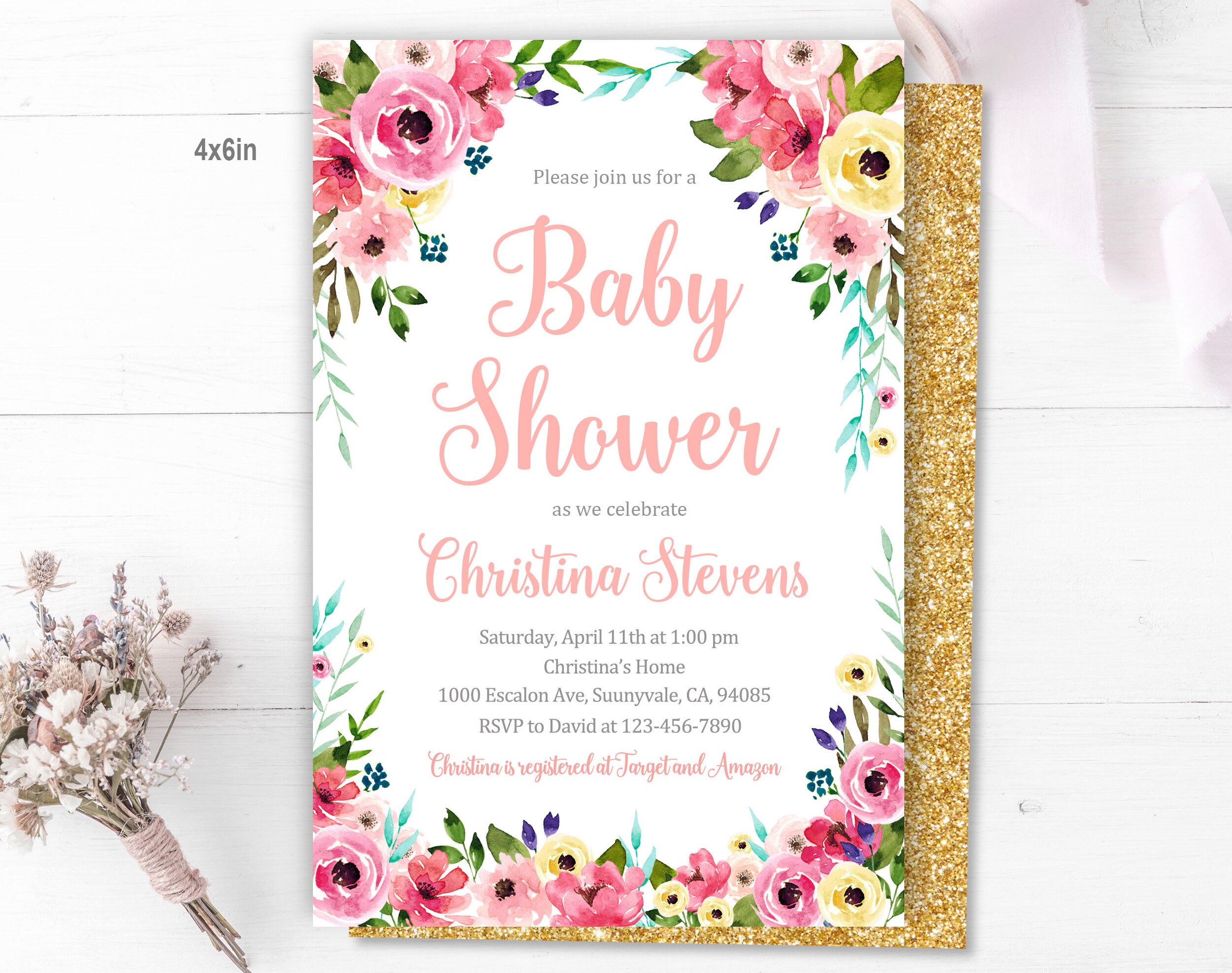 25 Inviti Baby Shower Con Buste - It's A Girl - Fiori Rosa Acquerello - 10,2x15,2 Cm