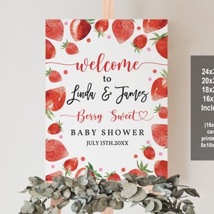 Erdbeer-Babyparty-Willkommensschild Beere Süß-Babyparty-Sprinkler-Willkommensplakat Bearbeitbare druckbare Mädchen-Vorlage Download Bab181