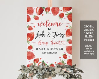 Strawberry baby shower welcome sign Berry Sweet Baby Shower Sprinkle Welcome Poster Editable Printable Girl Template Download Bab181