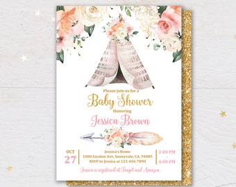Boho Baby Shower Invitation: Pink Floral Teepee with Woodland Animals Bab21