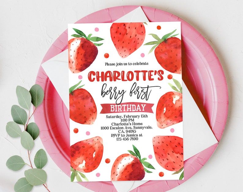 Strawberry Birthday Invitation Berry First Party Invite Cute 1st Girl Berry Sweet Pink Red Digital Editable Download