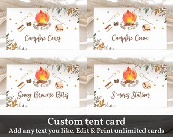 S'mores Party Tent Cards: Editable Boho Food Labels (Printable Bir383)