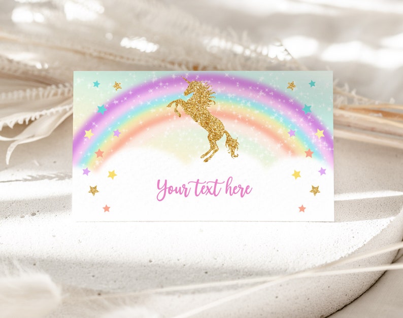 Unicorn Food tent card Food Labels Rainbow Unicorn Birthday Party Place Card Gold Glitter Girl Digital Editable Printable