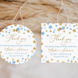 Twinkle Star Baby Shower Favor Tags: Blue & Gold, Editable (Digital Download)