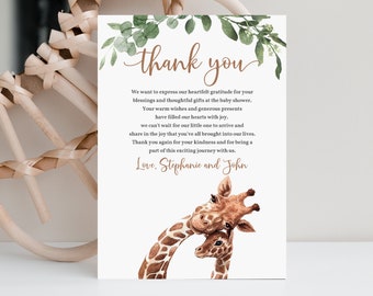 Giraffe baby shower thank you card Safari Animals thank you note Tropical Jungle Gender neutral Greenery Editable Printable Digital Bab36