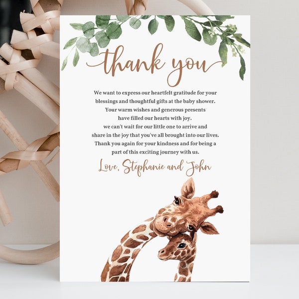 Giraffe baby shower thank you card Safari Animals thank you note Tropical Jungle Gender neutral Greenery Editable Printable Digital Bab36