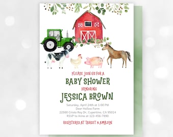 Invitación de tractor para baby shower - Tema de granja editable para niños Bab80