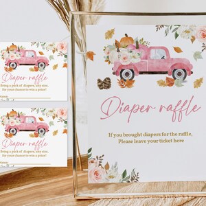 Herbst Kürbis Rosa LKW-Windel-Verlosung Schild Mädchen-Baby-Dusche-Dekor Herbst Rosa Blumen Kürbis-Party Bearbeitbare Druckbare Download Bab170