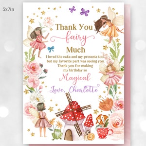 Cartão de agradecimento de aniversário de fada Fada Obrigado Fada muito nota Borboleta Mágico Encantado Floresta Floresta Floral Editável Imprimível Bir261
