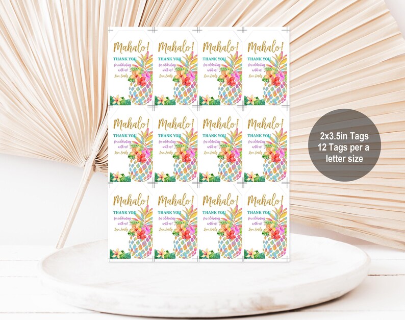 Tropical Pineapple Thank You Tags, Aloha Party Favors (Editable PDF Bir130) image 4