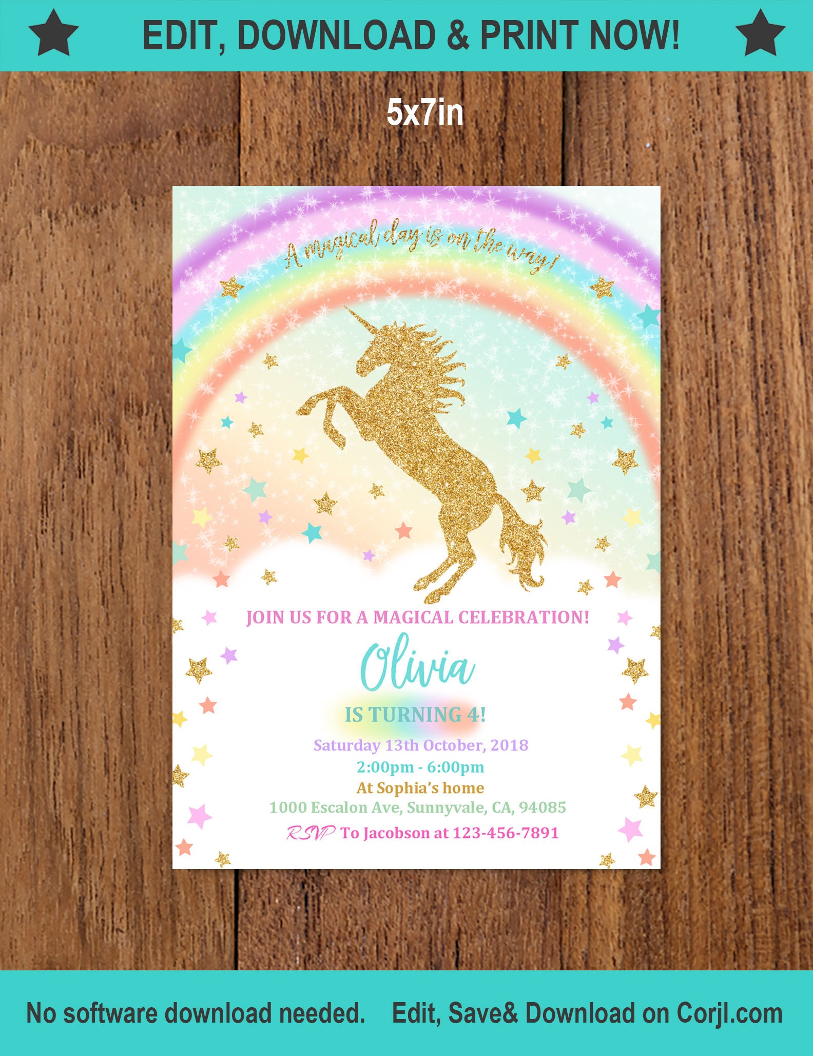 Unicorn Birthday Invitation Rainbow Party Gold Glitter Pink Girl Magi…