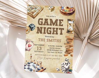 Game Night Invitation, EDITABLE House Party Invite, Board Games, Printable Birthday Template, Family Game Night, Canva template, PI40
