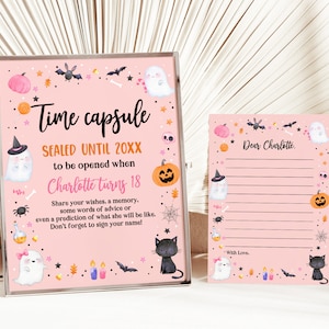 Bewerkbare Pink Halloween Ghost Time Capsule teken en brief Pink Ghost Spooky One Spooktacular Halloween 1e verjaardag afdrukbare download Hab1