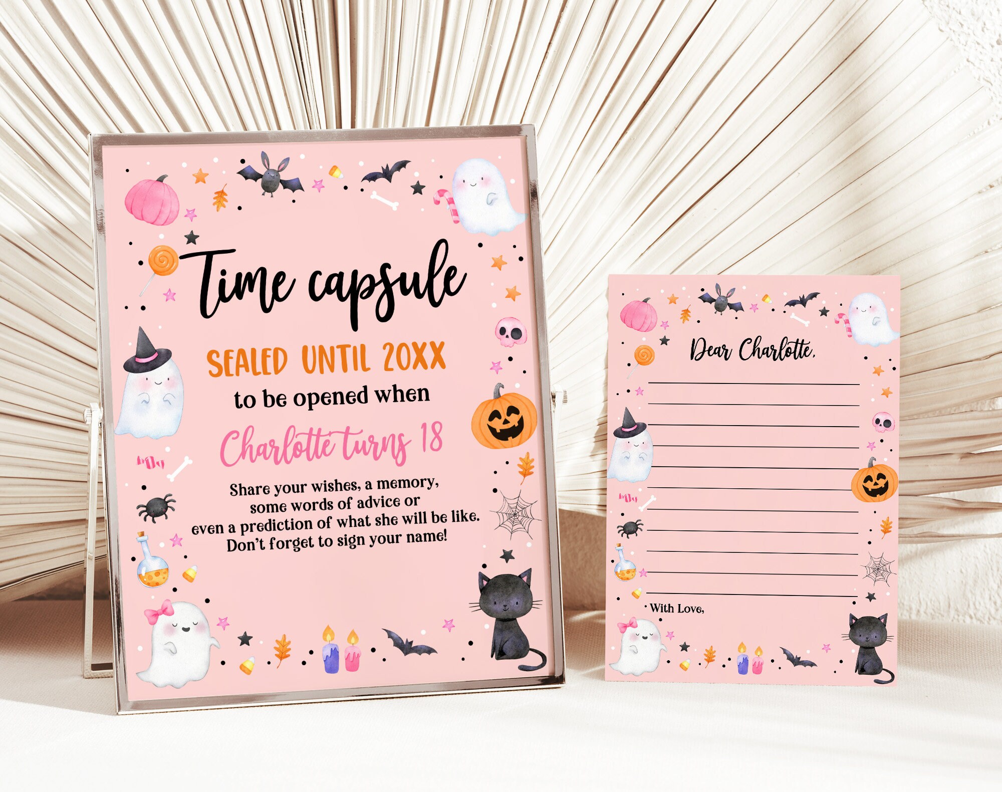 Editable Pink Halloween Ghost Time Capsule sign and letter Pink Ghost Spooky One Spooktacular Halloween 1st Birthday Printable Download Hab1