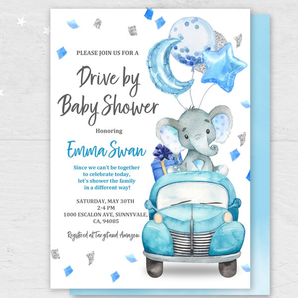 Elephant drive by baby shower invitation Blue Truck Invite Boy Balloon Silver Confetti Sprinkle Honk & Wave Download EDITABLE Db1