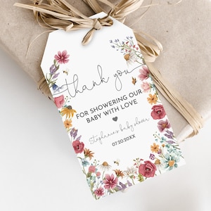 Wildflower babyshower bedankje tag bewerkbare baby shower gunst tag afdrukbare cadeau tag Floral gunst tag sjabloon boho baby shower Bab348