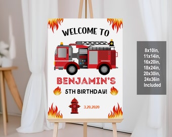 Editable Fire Truck Welcome Signs Firefighter Fire Engine Birthday Party Welcome poster Party decorations Printable Fireman Sign Bir71