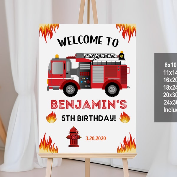 Cartelli di benvenuto modificabili per camion dei pompieri Pompiere Autopompa Festa di compleanno Poster di benvenuto Decorazioni per feste Cartello pompiere stampabile Bir71