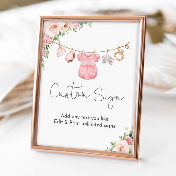 Girl Baby Clothes Baby shower Custom sign Girl Laundry shower Table sign Boho Pink floral Party Decor Editable Printable Download Bab215