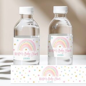 Etiqueta para botella de agua con diseño de arcoíris para baby shower Etiqueta adhesiva para botella de agua con diseño de arcoíris pastel Etiqueta con chispas doradas de colores Editable Descargar Imprimible Bab155