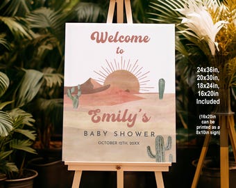 Letrero para baby shower con diseño de cactus del desierto y sol estilo boho retro (imprimible editable Bab239)