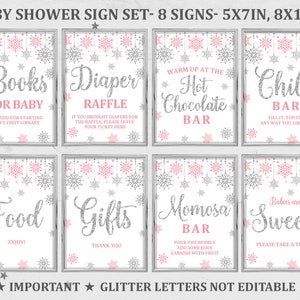 Winter baby shower sign set Snowflake Table sign Bundle Winter wonderland Pink silver glitter Girl Décor Download EDITABLE Bab59
