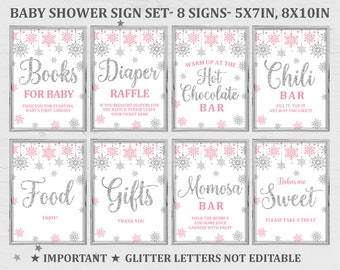 Winter baby shower sign set Snowflake Table sign Bundle Winter wonderland Pink silver glitter Girl Décor Download EDITABLE Bab59