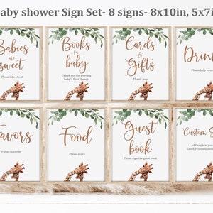 Editable Giraffe baby shower sign set Safari Animals table sign bundle Tropical Jungle Gender neutral Greenery Decor Printable Digital Bab36