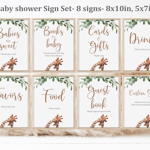 Bearbeitbares Giraffen Babypartyschild Safari-Tiere Tischzeichenset Tropischer Jungle Gender neutral Greenery Decor Printable Digital Bab36