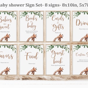 Editable Giraffe baby shower sign set Safari Animals table sign bundle Tropical Jungle Gender neutral Greenery Decor Printable Digital Bab36