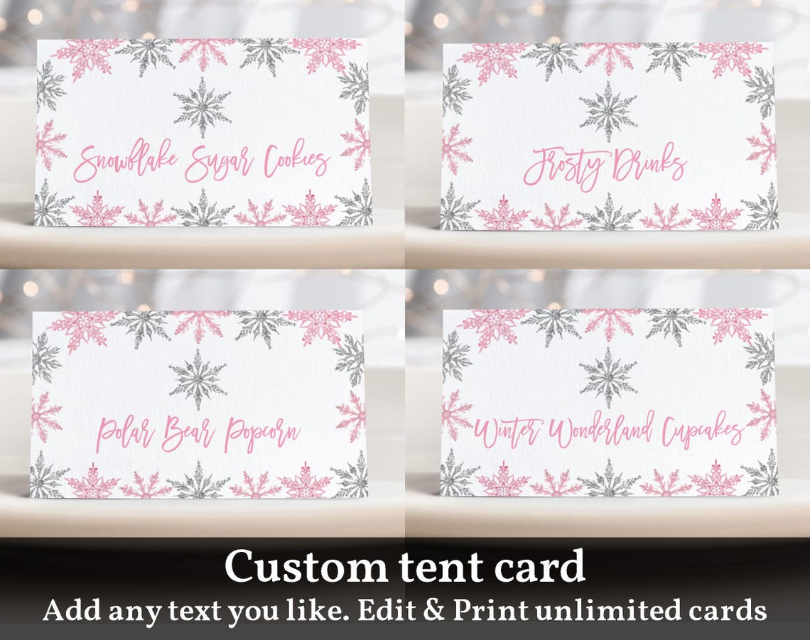 Snowflake Food Tent Card, Pink Silver Winter Onederland (editable ...