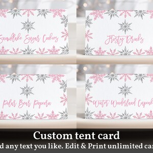 Tarjeta de tienda de comida con copos de nieve Tarjeta de lugar de Winter Onederland Etiqueta de comida de Wonderland Baby shower Cumpleaños Niña Rosa Plata Editable Descargar Bab173