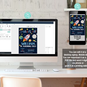 Puede incluir: Una invitaci&oacute;n digital para una fiesta de cumplea&ntilde;os con un cohete, planetas y estrellas sobre un fondo azul. El texto dice "Blast Off! William cumple cinco a&ntilde;os!"