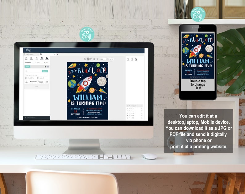 Puede incluir: Una invitaci&oacute;n digital para una fiesta de cumplea&ntilde;os con un cohete, planetas y estrellas sobre un fondo azul. El texto dice "Blast Off! William cumple cinco a&ntilde;os!"
