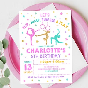 Gymnastik Geburtstagseinladung Gymnastik Party einladen Mädchen Party bearbeitbare Vorlage Pink Gold Trampolin Digital Printable Download Bir326