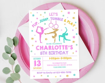 Gymnastics Birthday Invitation Gymnastics Party Invite Girl Party Editable template Pink Gold Trampoline Digital Printable Download Bir326