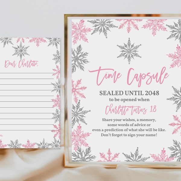 Snowflake time capsule sign Winter Onederland Winter wonderland Pink silver girl 1st birthday Baby shower Editable Printable Download Bab173