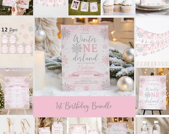 Winter Onederland Birthday Bundle: Editable Snowflake Party Decor Bir598