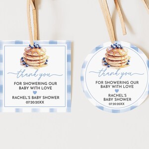 Étiquette de cadeau de naissance crêpes aux myrtilles, autocollant de remerciement modifiable pour le brunch de bébé aux myrtilles, étiquette de cadeau imprimable brunch aux myrtilles Bab333