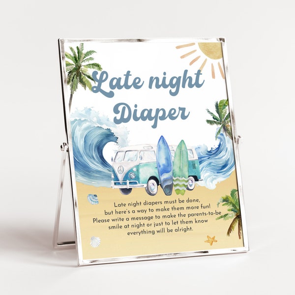 Editable Late Night Diapers Sign Baby on Board baby shower Surf baby shower game Beach Ocean Summer Pool Party Retro Printable Bab187