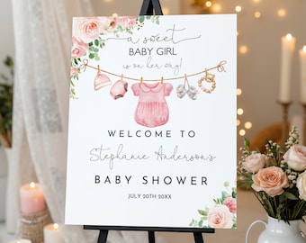 Baby Girl Clothes Welcome sign Baby Girl is on her way Editable Laundry welcome poster Clothesline Pink floral Printable Download Bab215