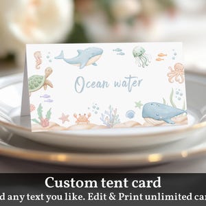 Etiquetas para carpas de comida con temática marina - Tarjetas editables para buffet de fiesta de cumpleaños Bir620