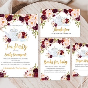Conjunto de convites para chá de bebê, chá de bebê, chá de bebê, conjunto floral, brunch, marsala, floral, dourado, glitter, menina, para impressão, editável, download Bab56
