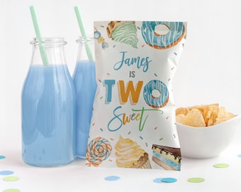 Two Sweet Birthday Chip Bag - Blue Candy Party Favor, Editable Bir371