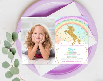 Unicorn Birthday Invitation Unicorn Rainbow Party Invite Gold Glitter Pink Girl Magical Day Editable Printable Template Download Bir54