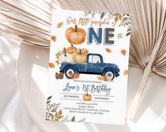 Fall Birthday Invitation Blue Pumpkin Truck Invite Pumpkin Patch Boy 1st Birthday Blue Truck First Editable Printable Download Bir313