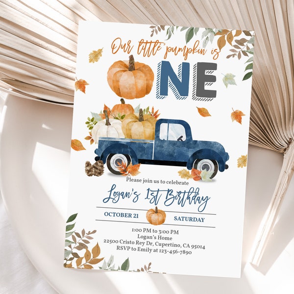 Fall Birthday Invitation Blue Pumpkin Truck Invite Pumpkin Patch Boy 1st Birthday Blue Truck First Editable Printable Download Bir313