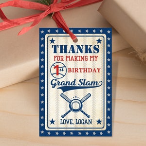 Etiquetas para fiesta de cumpleaños de béisbol Etiqueta de regalo de béisbol Etiqueta de agradecimiento Etiqueta para novatos de primer cumpleaños de cualquier edad Niño Azul Rojo Editable Imprimible Descargar Bir296
